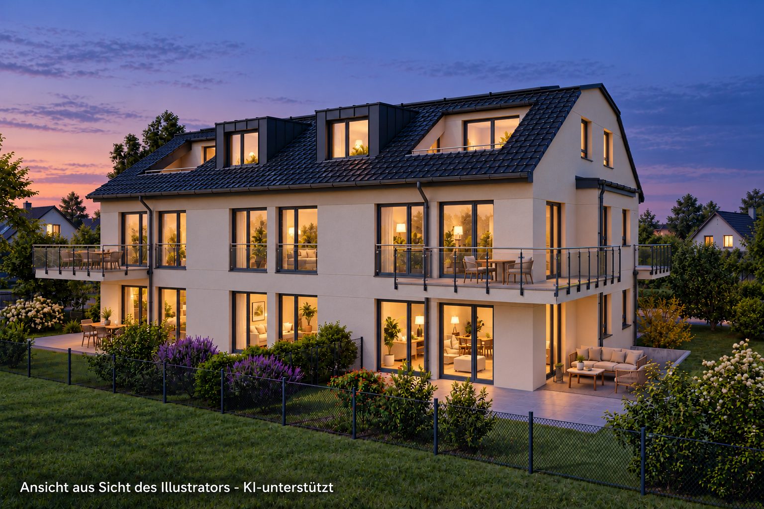 Biberweg 37, Gartenseite am Abend (Visualisierung, KI-unterstützt)