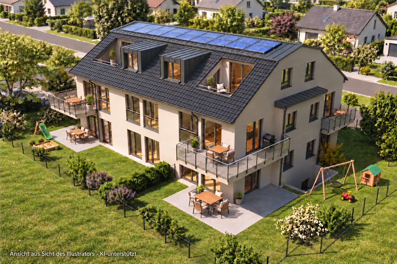Biberweg 37 aus der Vogelperspektive mit Gärten und Dachterrassen (Visualisierung)