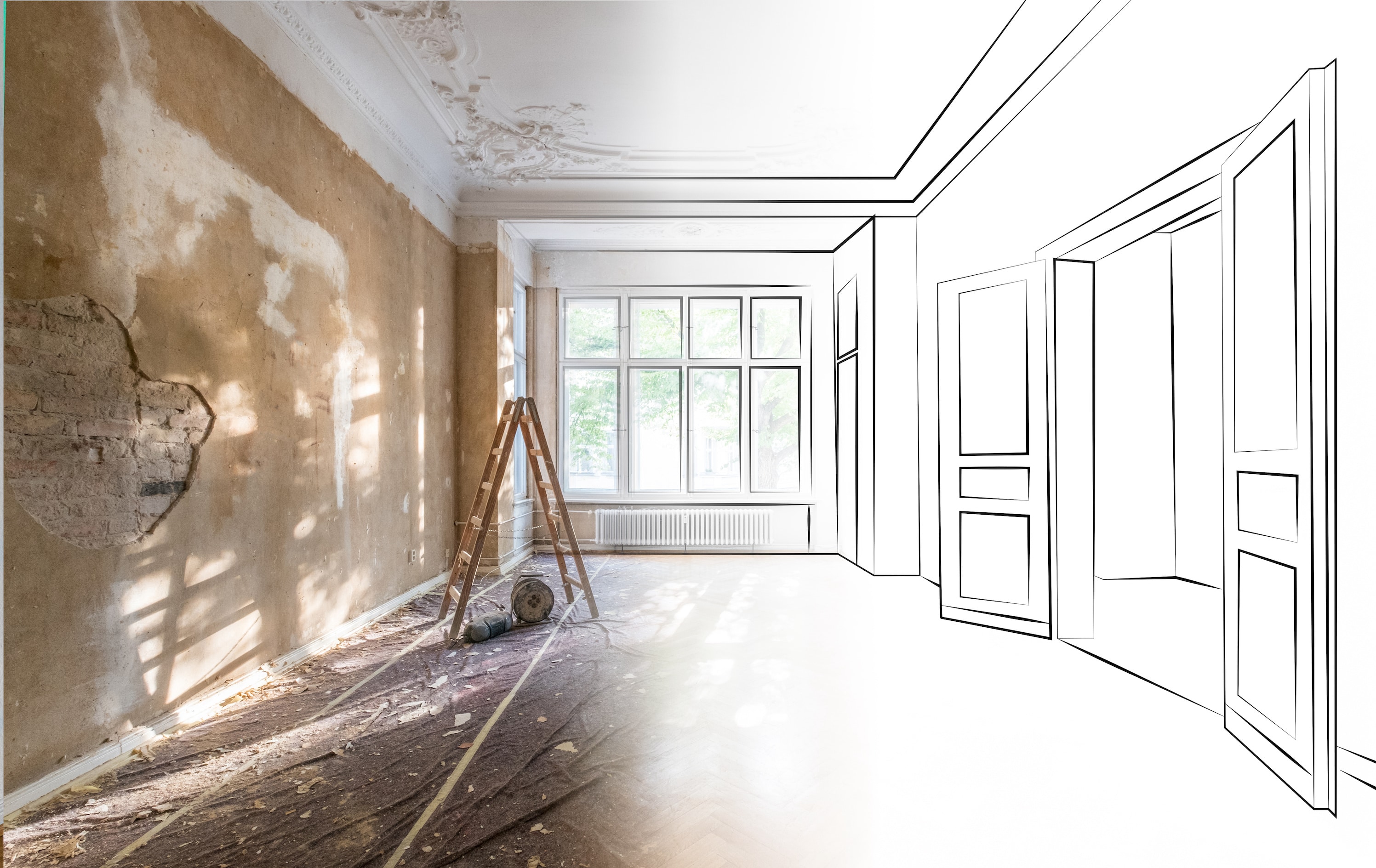 apartment room during renovation merged with outline drawing / sketch of the room